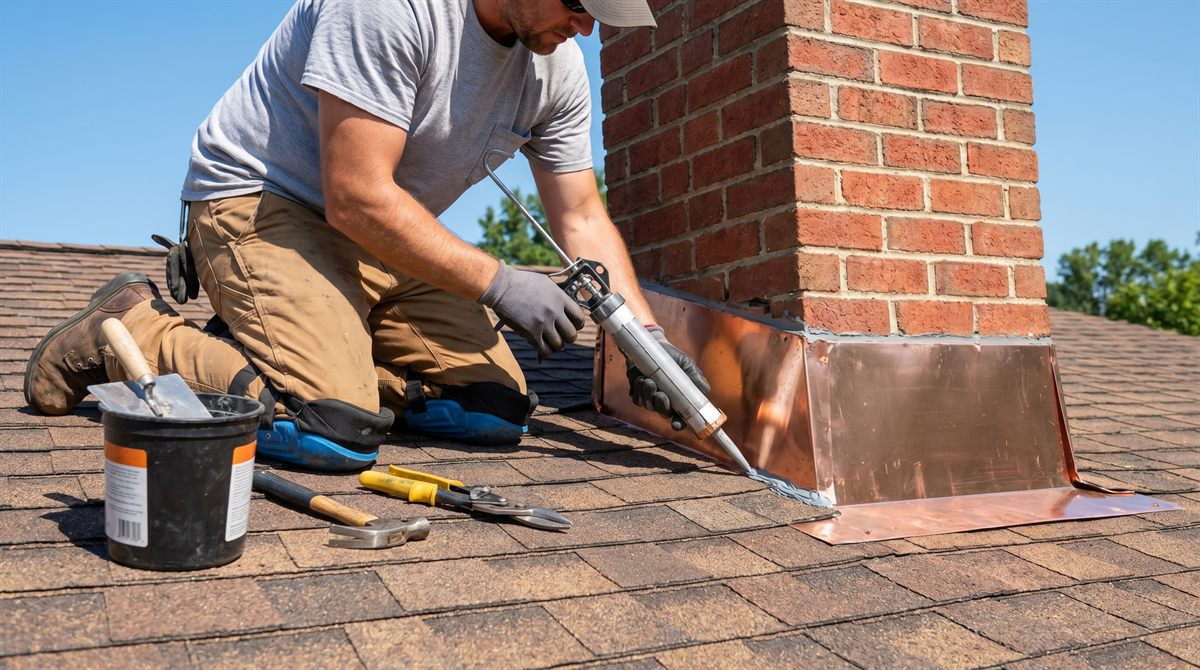 Roofer repairing flashing on an Edmonton roof
